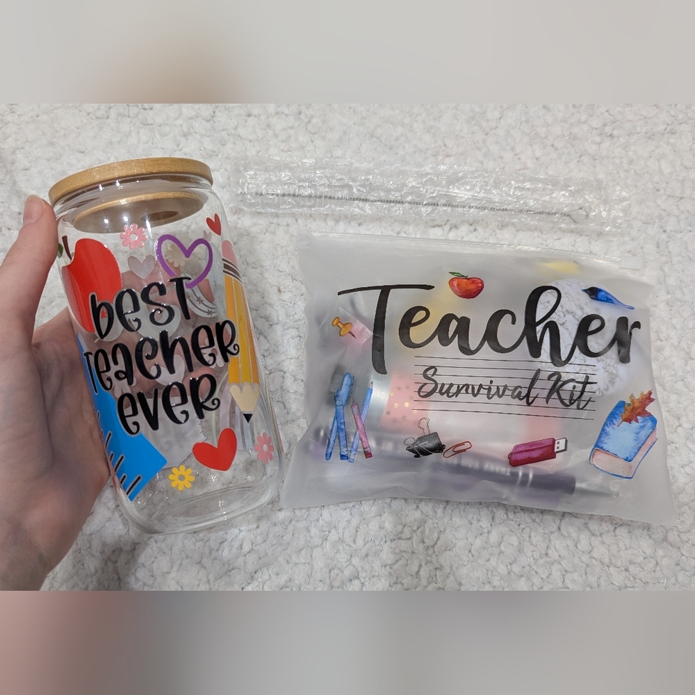 Best Teacher Ever Glass Tumbler with Teacher Survival Kit